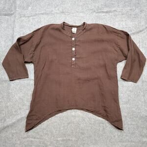 Match Point Top Womens Large Linen USA Made Lagenlook‎ Half Button Sharkbite Hem